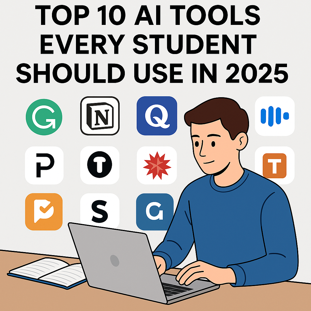 A student using a laptop surrounded by icons of the best AI tools for students in 2025, including Grammarly, Notion, Quizlet, and ChatGPT.
