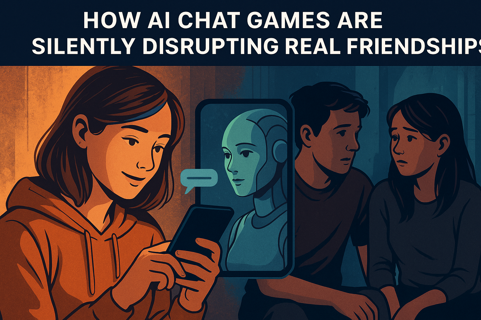 Illustration showing the emotional impact of AI Chat Games on real-life friendships, highlighting human-AI interaction versus disconnected human pairs.
