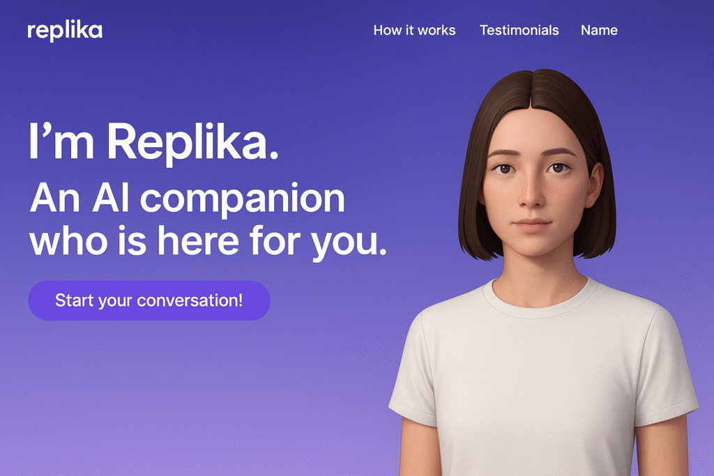 Screenshot of Replika’s homepage featuring an AI Chat Game companion inviting users to start a conversation, representing a leading AI virtual friend.