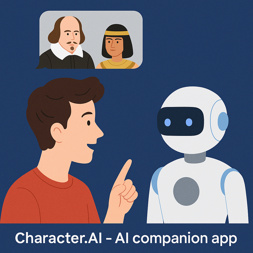 Illustration of a user chatting with a robot and historical figures on Character.AI, an AI Chat Game built for interactive AI stories.