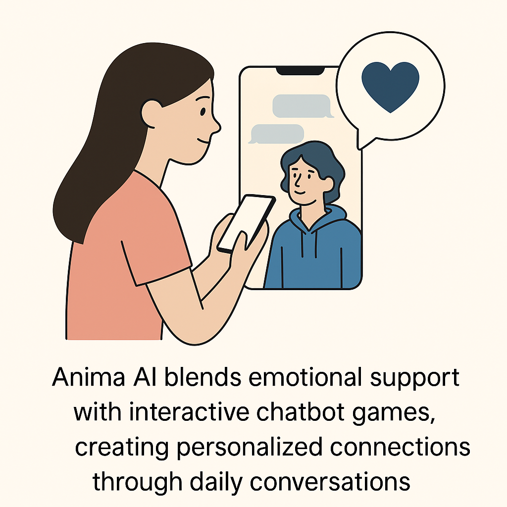 Illustration of a young woman chatting with an AI character on Anima AI, showcasing its emotional support features in chatbot games.