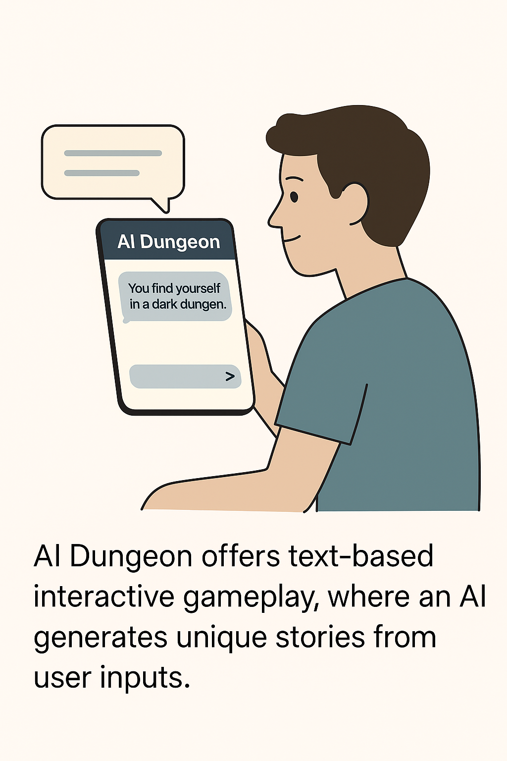 Illustration of a young man playing AI Dungeon, a text-based AI Chat Game known for its immersive storytelling and unique AI relationship games.