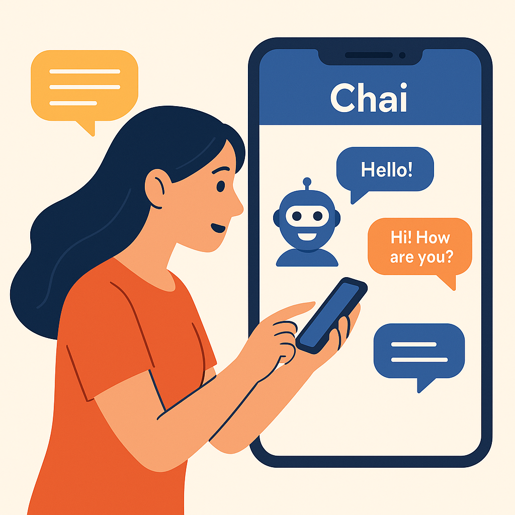 Illustration of a young woman using Chai, one of the most popular AI Chat Games and AI companion apps, to chat with friendly virtual bots.