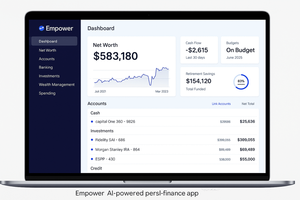 Dashboard view of Empower, one of the top AI-powered personal finance apps for investment tracking and budgeting

