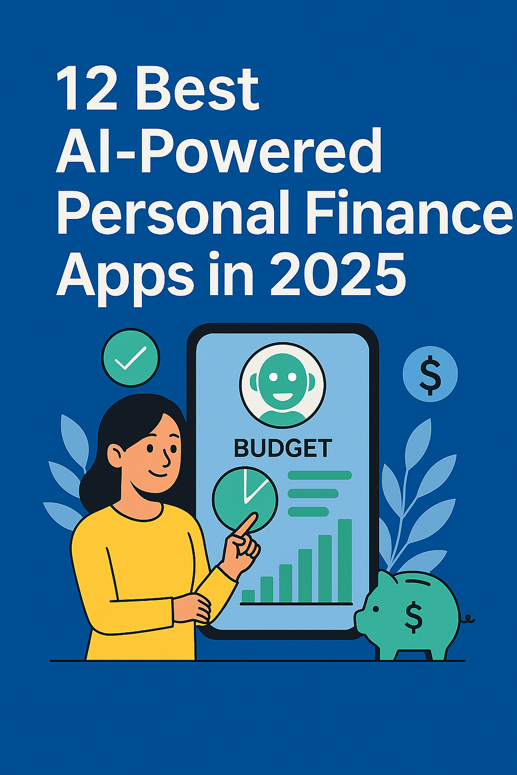 llustration of a woman using a budgeting app, representing AI-powered personal finance apps with automated savings and smart budgeting tools
