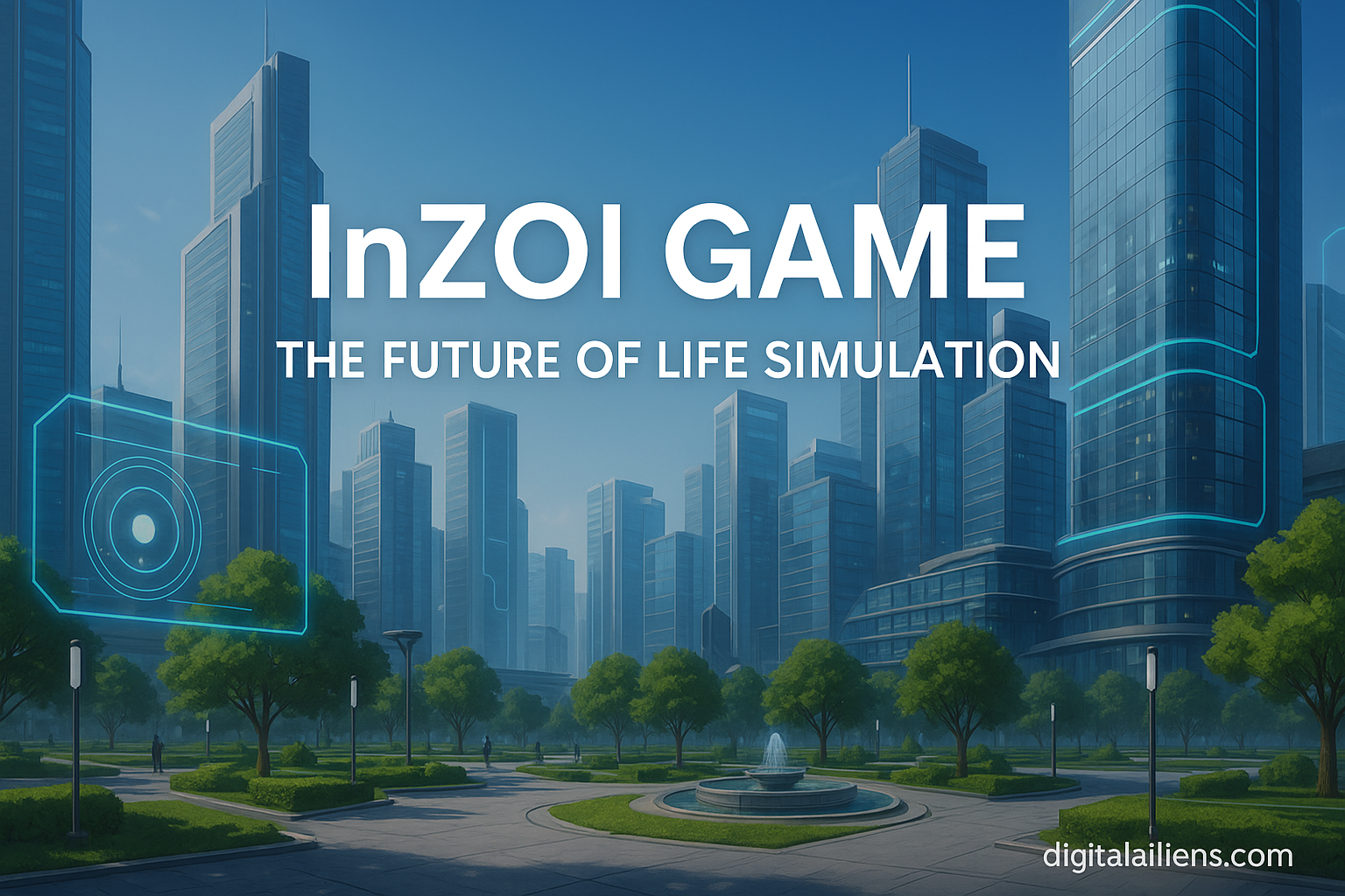InZOI gmae showing a realistic futuristic cityscape with modern buildings and green spaces, overlaid with the text 'InZOI Game – The Future of Life Simulation