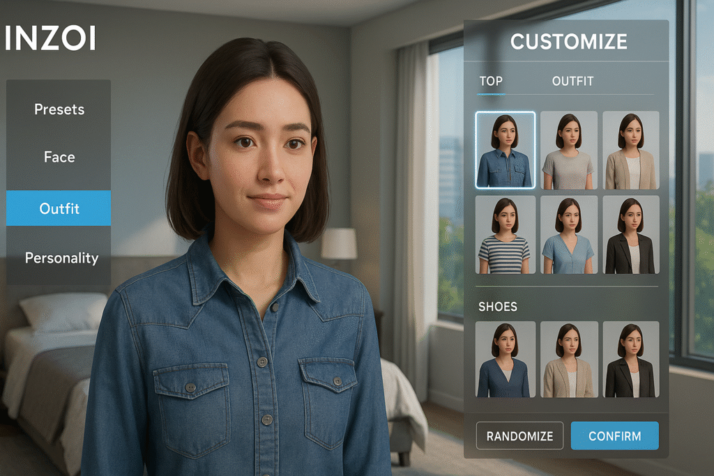 InZOI character in inZOI gameplay customization screen showing outfit and face options with realistic female avatar, showcasing inzoi mods features