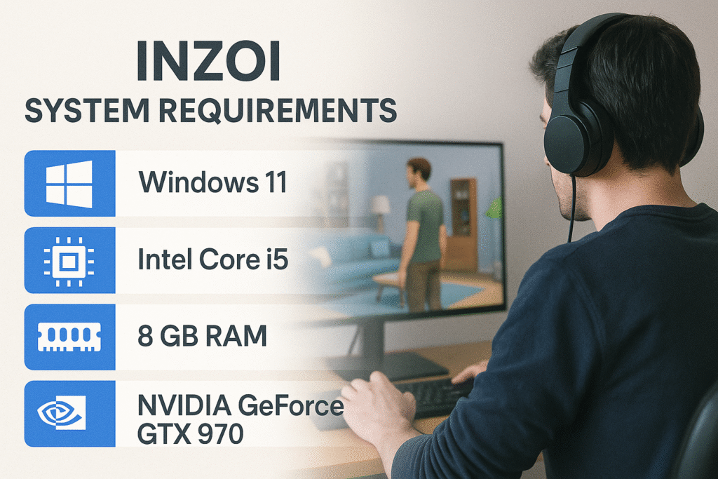  InZOI System Requirements for Smooth Gameplay. InZOI system requirements infographic with icons for Windows 11, Intel Core i5, RAM, and GPU, highlighting InZOI game compatibility
