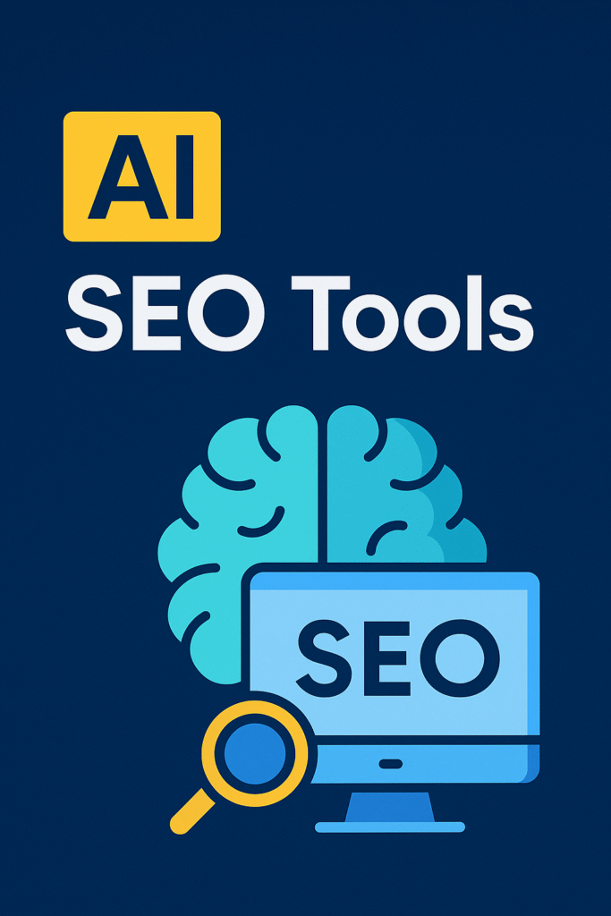 Flat-style infographic with the text ‘AI SEO Tools’ featuring a brain icon, computer monitor, and magnifying glass on a dark blue background