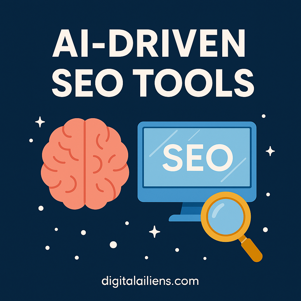 Bold infographic with the text ‘AI-Driven SEO Tools’ featuring a pink brain, computer monitor labeled SEO, and magnifying glass on a dark blue background, with the website digitalailiens.com displayed at the bottom