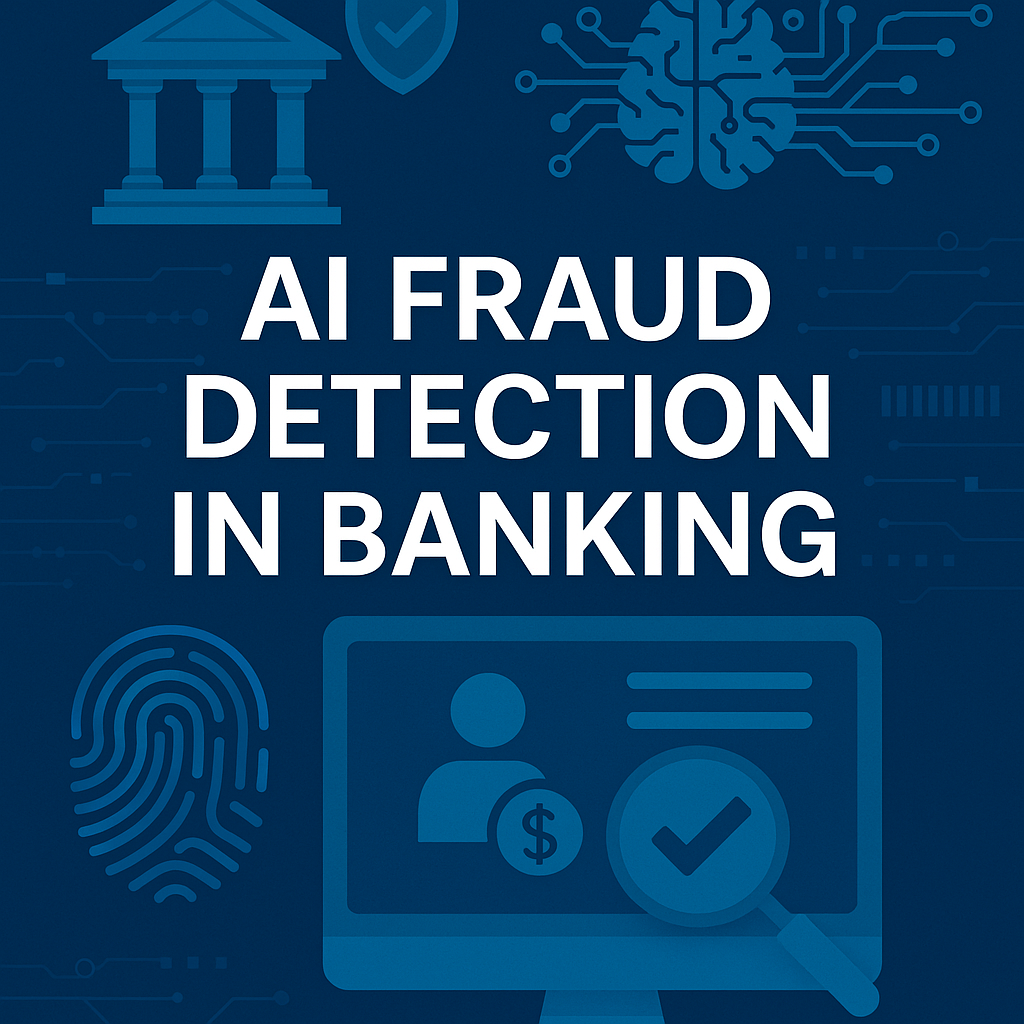 AI Fraud Detection in Banking – A digital illustration with symbols of AI, fingerprint, secure banking, and monitoring tools, branded with digitalailiens.com.