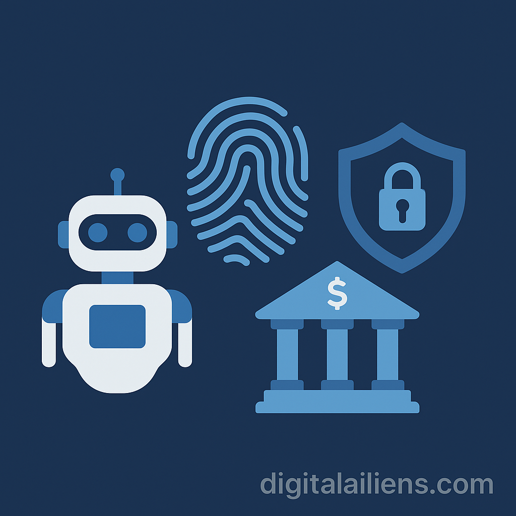 Flat design illustration showing a robot, fingerprint, shield, and bank icon in blue tones, symbolizing AI and banking security, with digitalailiens.com watermark.

