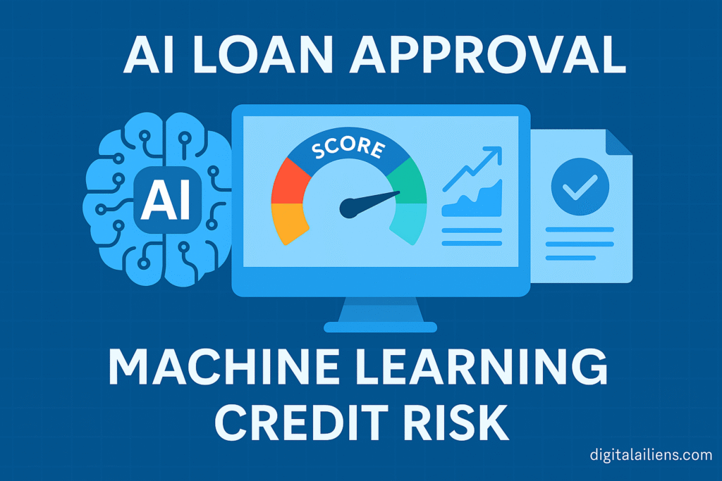 Illustration of AI loan approval and machine learning credit risk analysis with a score gauge, charts, and AI brain icon, branded with digitalailiens.com.