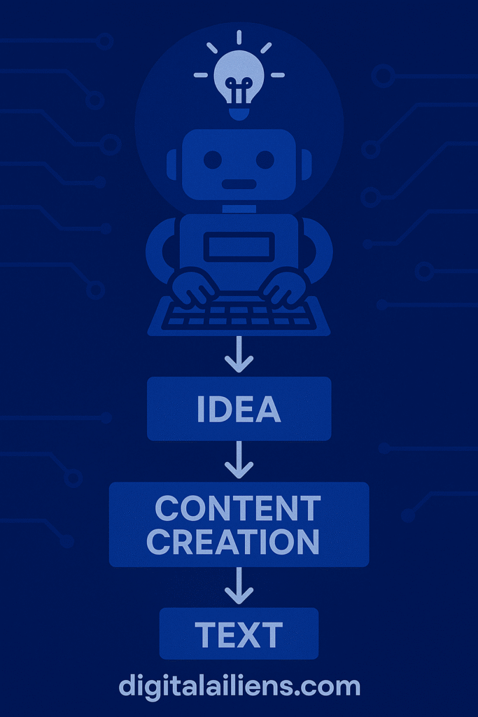 AI robot typing workflow illustration showing steps from idea to content creation to text output on deep blue background – digitalailiens.com