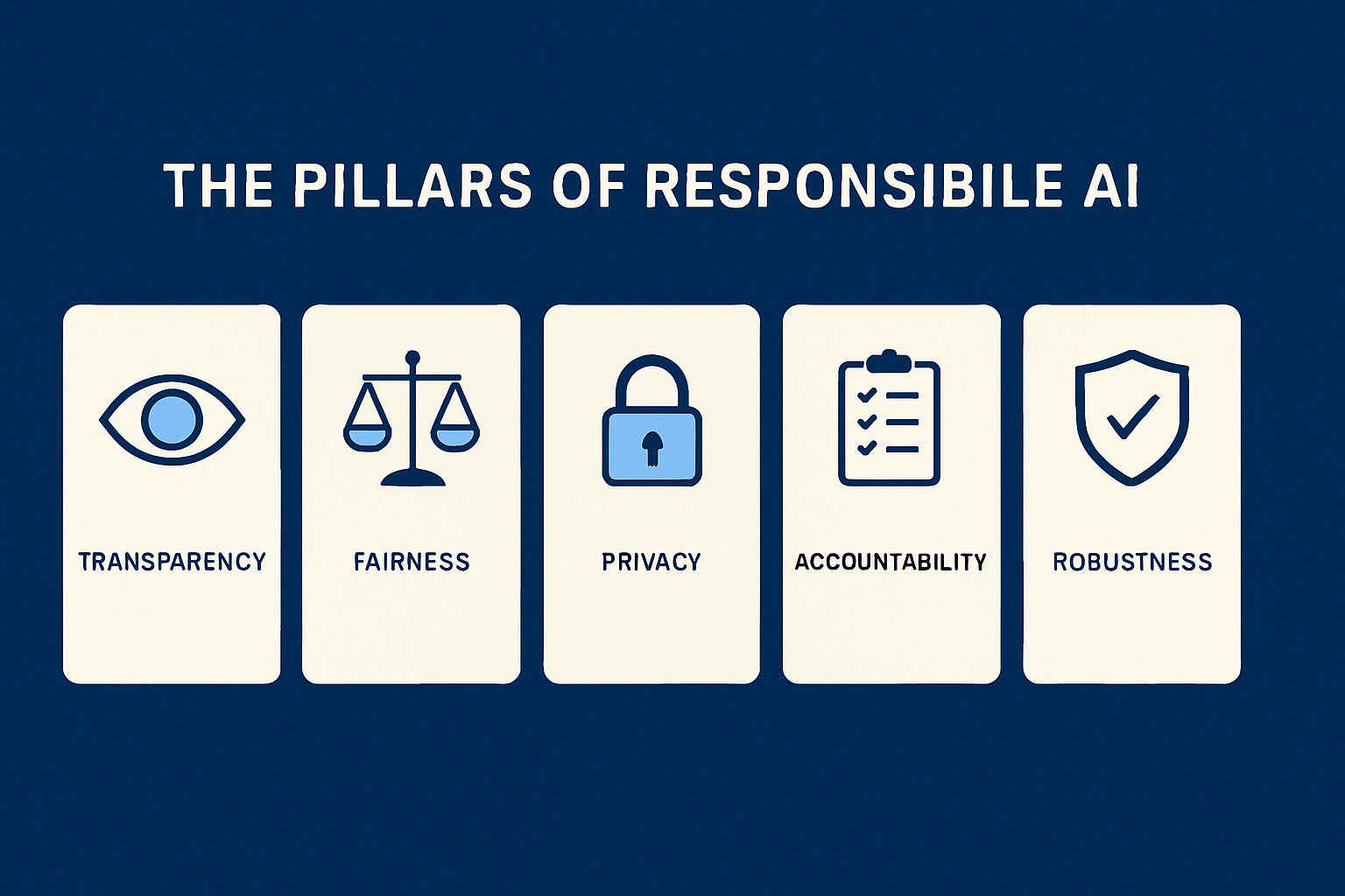 llustration showing five pillars of responsible AI: transparency, fairness, privacy, accountability, and robustness with icons on a blue background