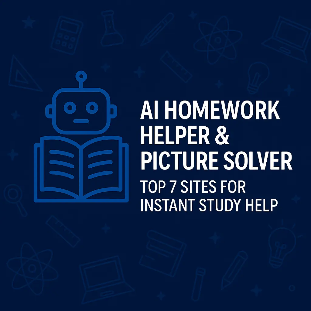 AI Homework Helper & Picture Solver graphic with robot, book, and educational icons on deep blue background