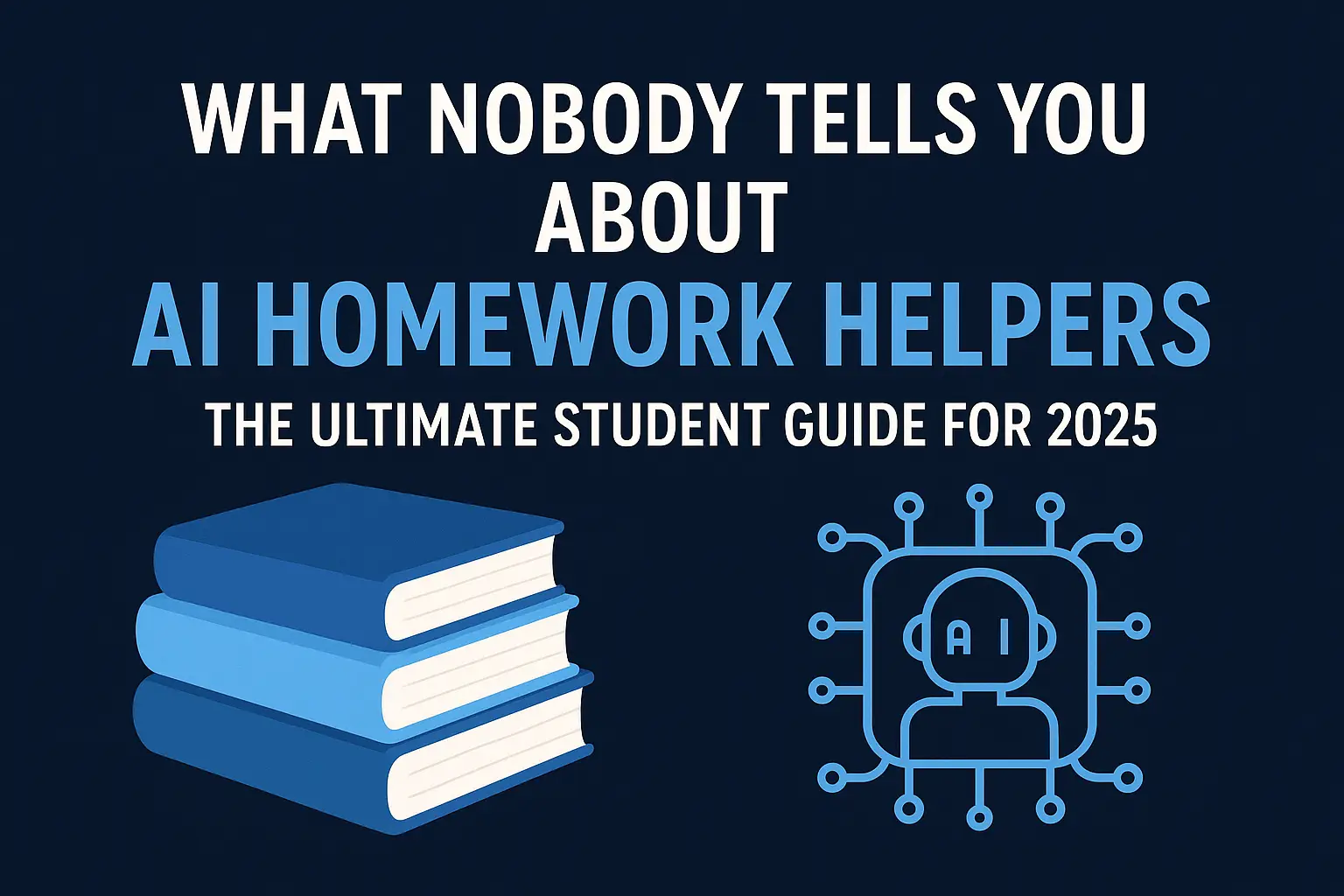 Stack of blue books next to a stylized AI icon, with text reading "WHAT NOBODY TELLS YOU ABOUT AI HOMEWORK HELPERS THE ULTIMATE STUDENT GUIDE FOR 202