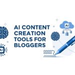 The title "AI CONTENT CREATION TOOLS FOR BLOGGERS" in bold deep blue text, accompanied by abstract AI-related graphics like a brain, circuit board, cloud, and a pen.