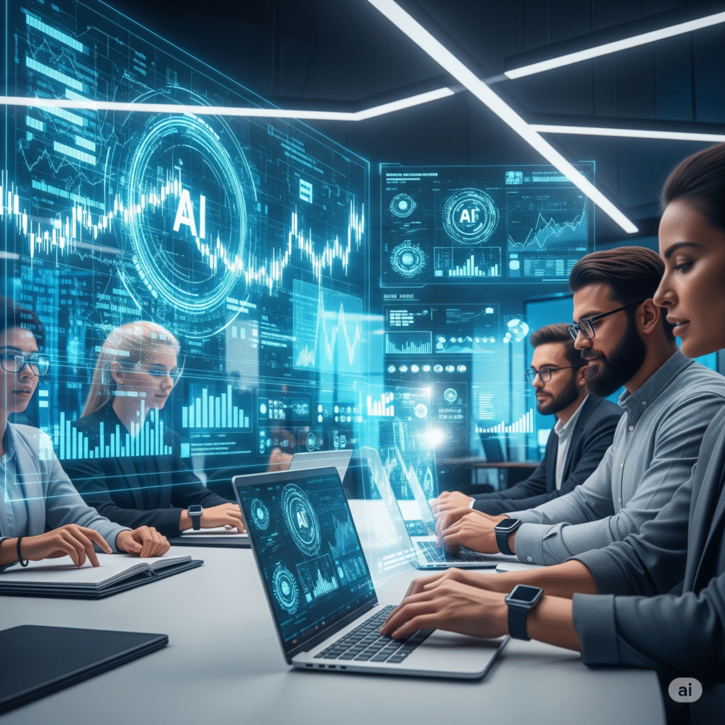 A futuristic, high-tech visualization of AI predictive analytics in finance, with glowing data streams and complex algorithms displayed on large screens in a modern, sleek financial trading room.