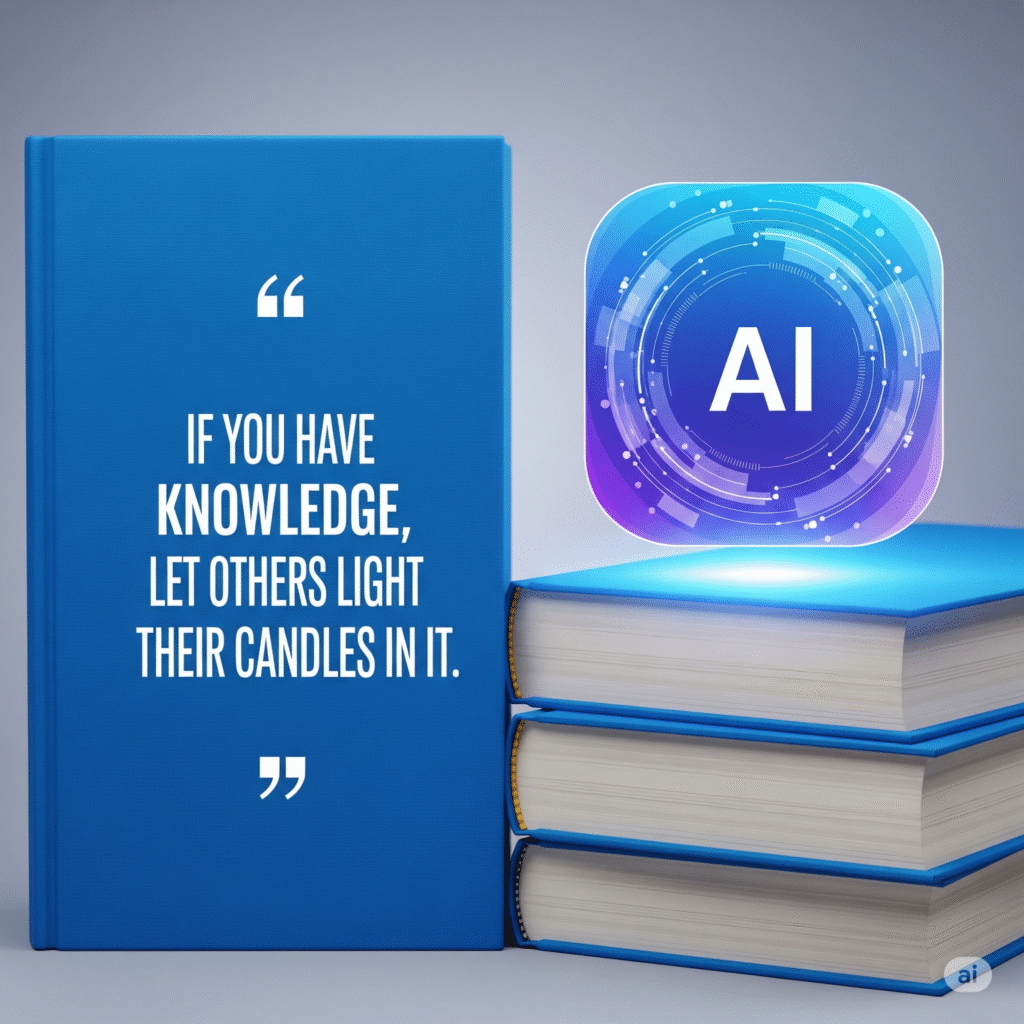 A stylized AI icon, rendered in vibrant blues and purples, is positioned next to a neatly stacked pile of blue books, symbolizing knowledge and learning. The quote, "If you have knowledge, let others light their candles in it," is prominently displayed, emphasizing the importance of sharing knowledge and fostering intellectual growth. The image conveys a message of collaboration and the power of shared learning through education and technology even if it is SI homework helpers
