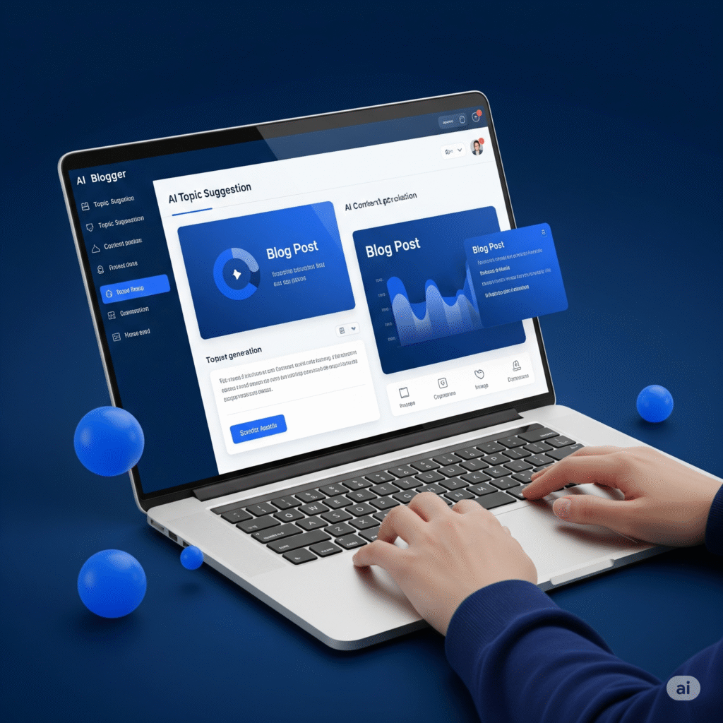 A close-up of hands typing on a laptop displaying an AI content creation tool interface with deep blue elements, symbolizing modern blogging.