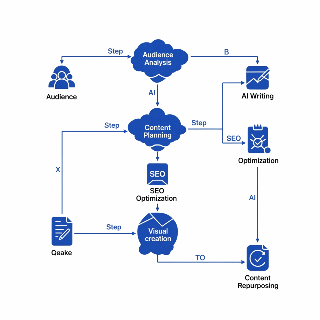 A deep blue flowchart visually representing the AI content creation workflow for bloggers, with abstract icons for audience analysis, keyword research, content planning, AI writing, SEO optimization, visual creation, and content repurposing, connected by arrows.