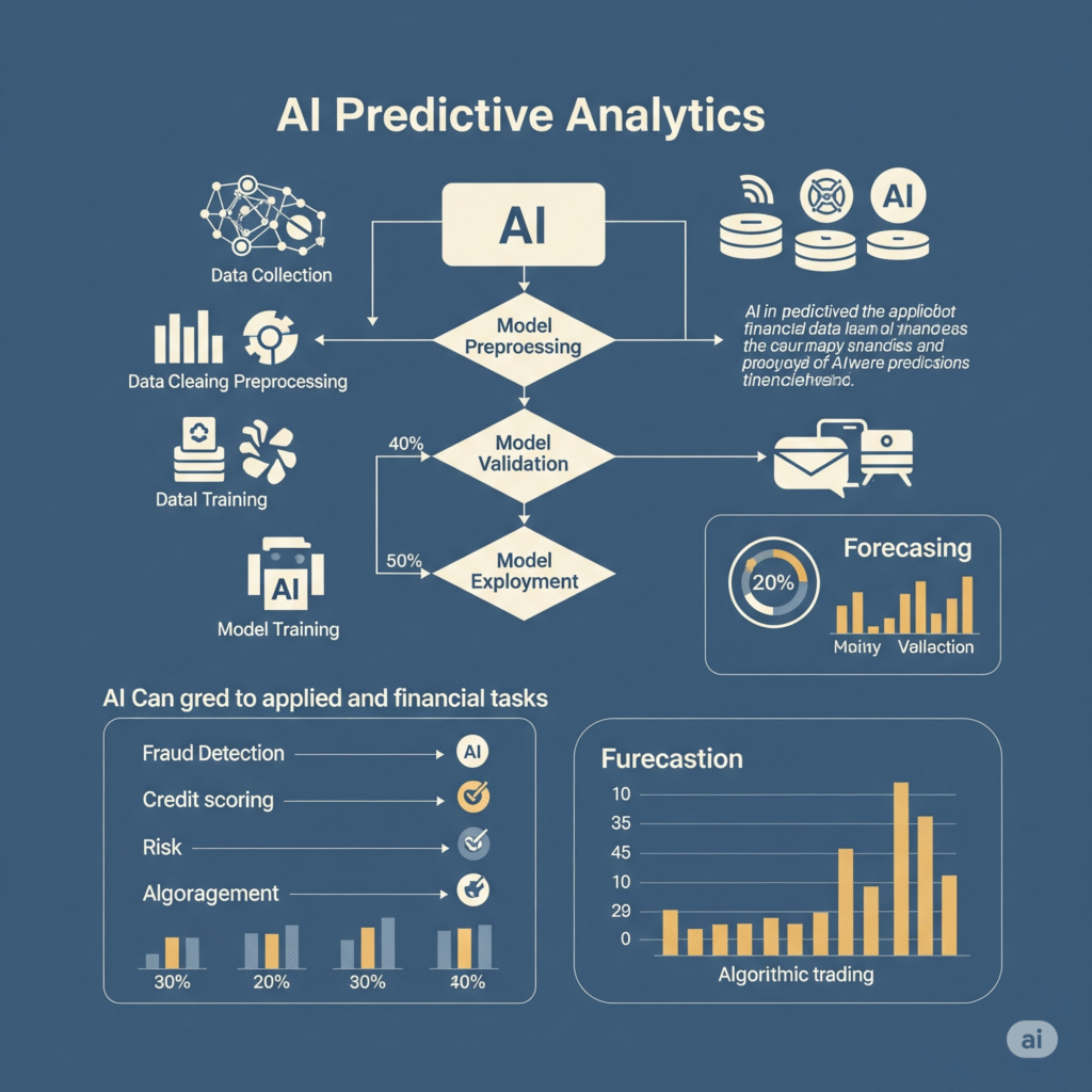 A professional, visually appealing infographic or diagram that depicts how AI predictive analytics is used in the finance industry. It uses a simplified flowchart structure, clearly illustrating the process of AI in predicting and analyzing financial data.