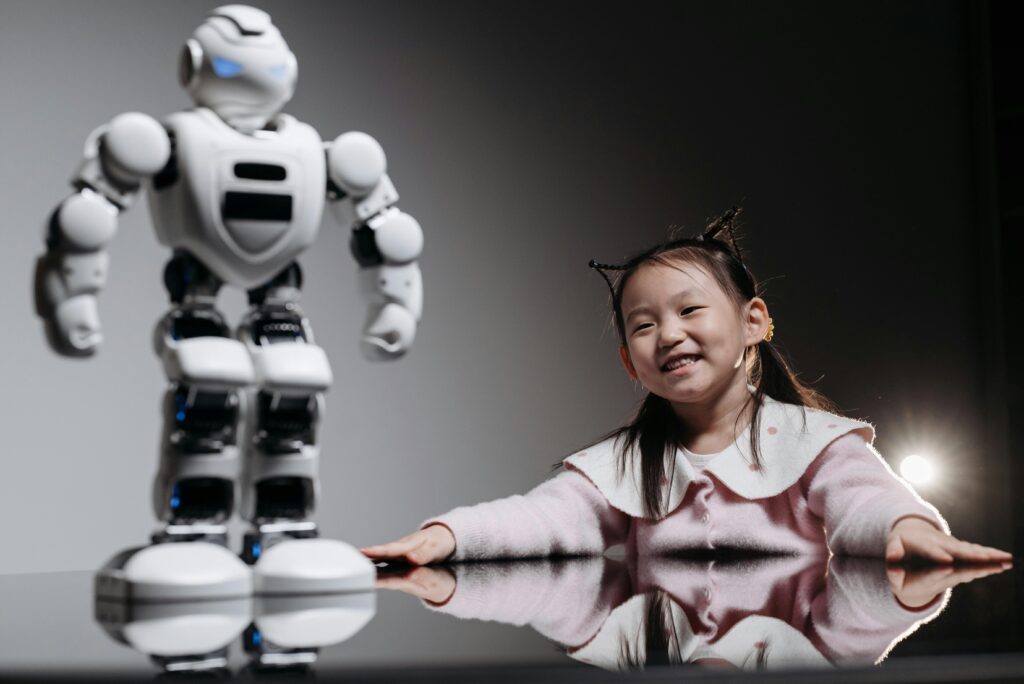 Child looking curiously at a robot illustrating the future of AI homework helpers in education