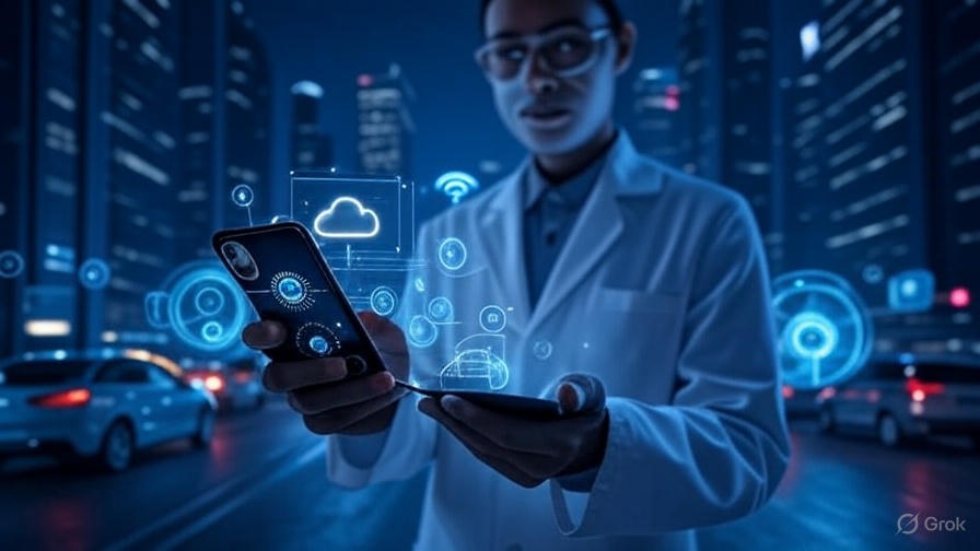 Futuristic cyberpunk image of a person in a lab coat holding a smartphone with IoT sensors and a cloud diagram, set against a neon-lit cityscape with autonomous vehicles and holographic displays