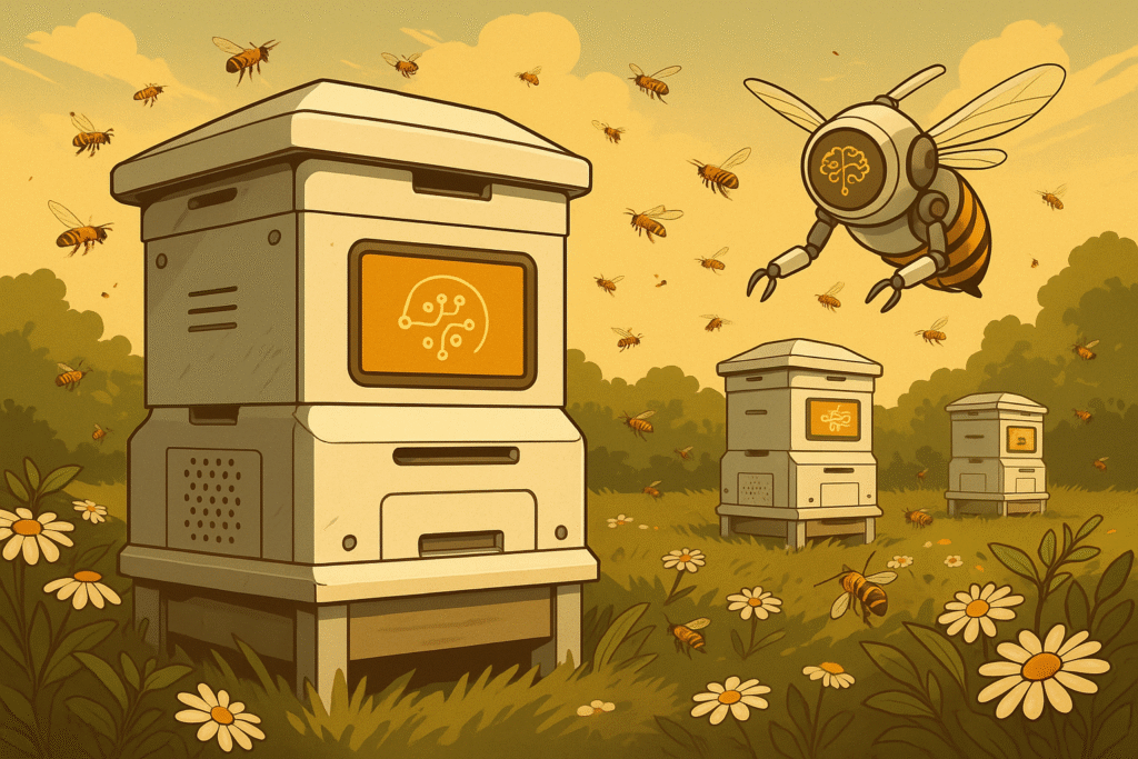 AI-Enhanced Robotic Hives unit equipped with solar panels, robotic arms, and internal cameras monitoring bee colony health in real time