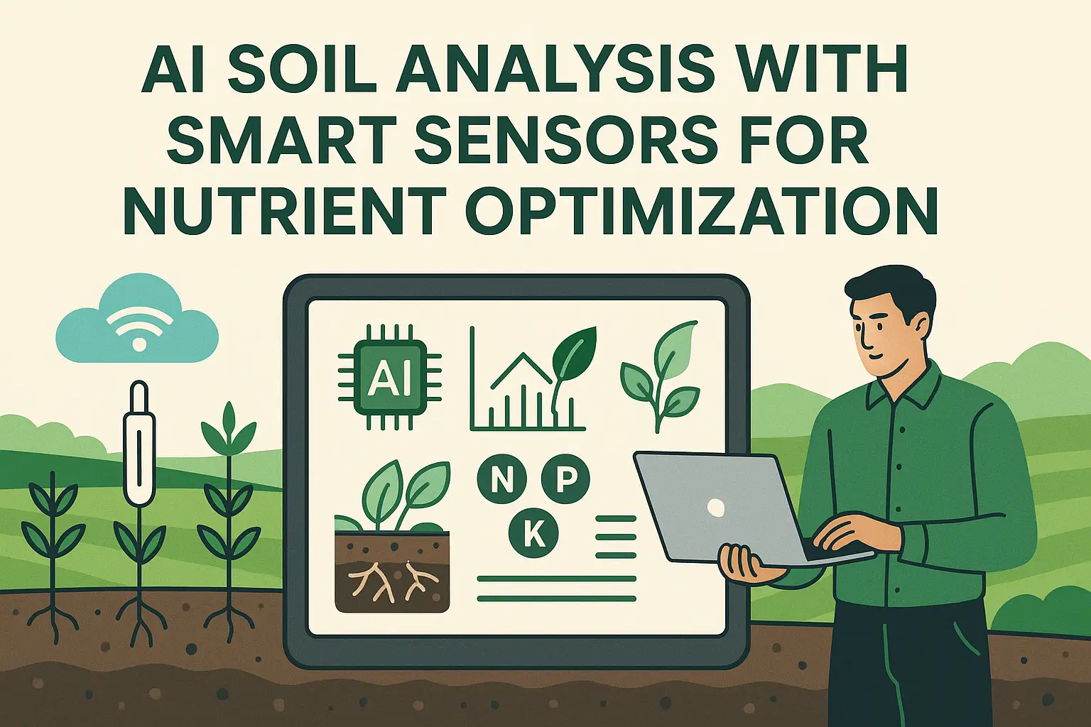 Farmer analyzing AI soil analysis data on a laptop with smart sensors in a crop field for nutrient optimization