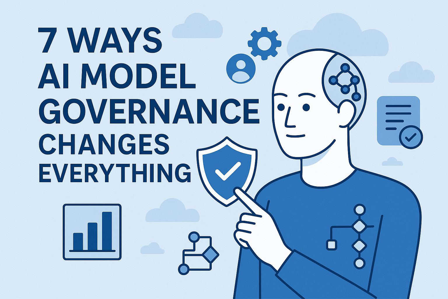 llustration showing AI model governance with a human-like AI figure pointing at a shield icon, surrounded by symbols like charts, gears, and flow diagrams.