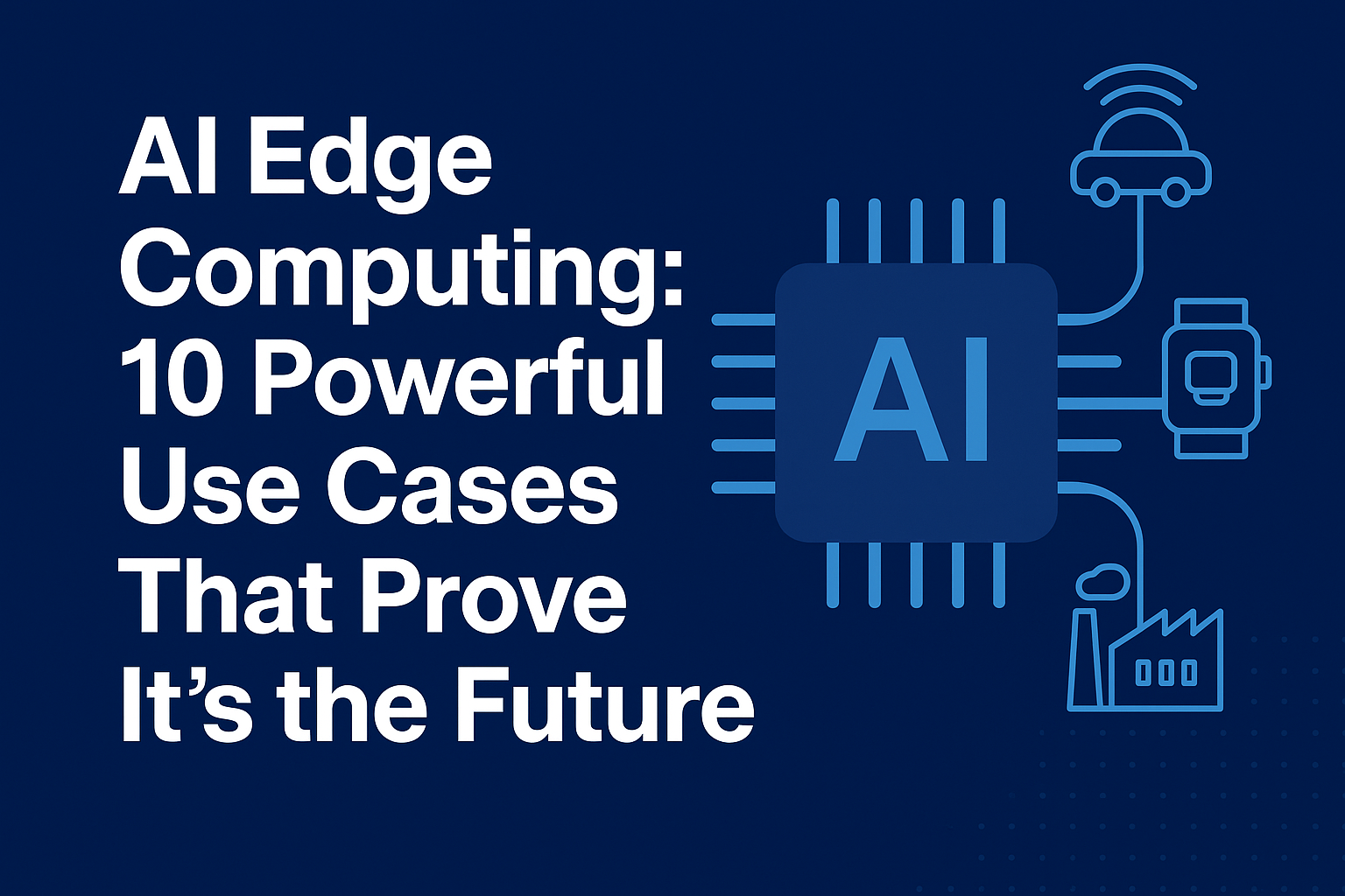 mage featuring the text 'AI Edge Computing: 10 Powerful Use Cases That Prove It's the Future' with a graphic of a microchip and icons representing a car, smartwatch, and factory