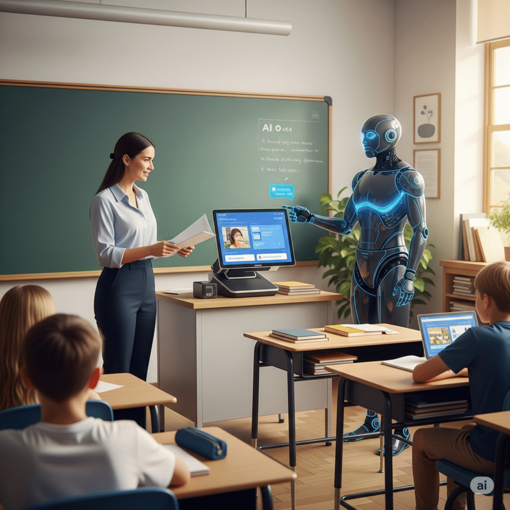 This image visually represents "The Human Side of Artificial Intelligence in Teaching," highlighting how AI Pedagogy and EdTech AI empower educators. It depicts a teacher working closely with students, showcasing the invaluable human element in education. Integrated seamlessly into the environment are visual cues of AI assistance, such as data analytics or personalized learning pathways displayed on unobtrusive screens. The focus is on the synergy between human teachers and AI tools, illustrating how AI automates routine tasks and provides data-driven insights, allowing teachers more time for personalized coaching and better management of diverse student needs. The scene conveys a sense of "collaborative intelligence," where technology enhances human capabilities, leading to a more effective and enriching learning experience for all.