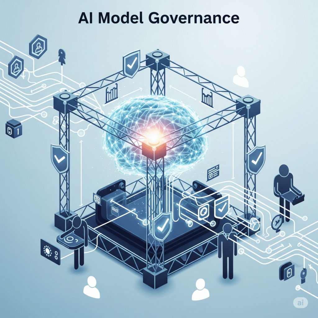 An abstract isometric illustration depicting AI model governance, showing a glowing brain or neural network encased within a robust, transparent framework. The framework is adorned with compliance symbols, security shields, and data flow lines, with human figures overseeing various nodes, representing ethical oversight, control, and responsible AI development