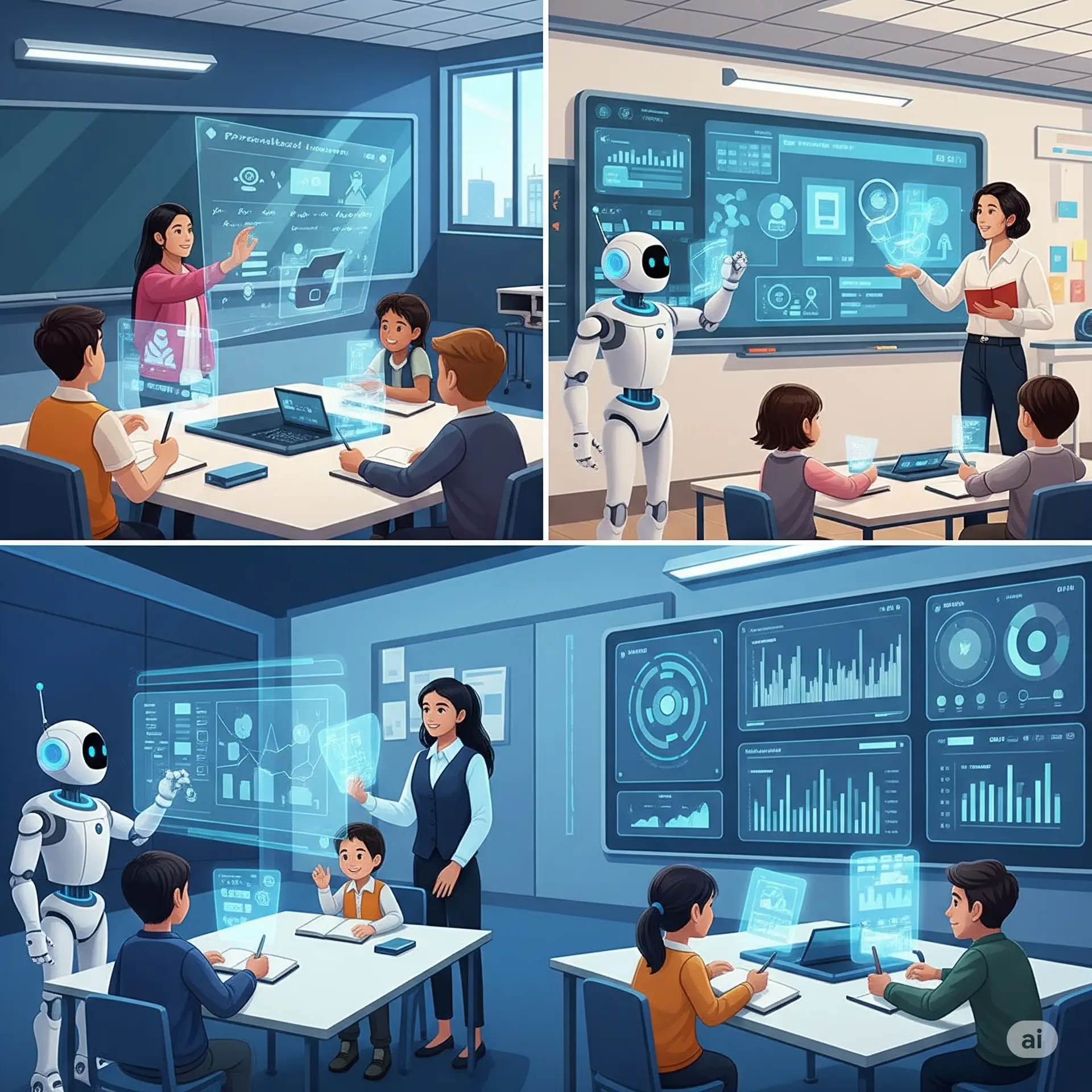 A vibrant collage of four images depicting a modern classroom where AI Pedagogy, EdTech AI, machine learning in classroom, and AI teaching tools are actively transforming education. The scenes show teachers and students interacting with holographic displays, smart whiteboards, and robotic assistants, all demonstrating personalized learning and data-driven insights. The overall impression is one of innovation and effective integration of technology in learning.