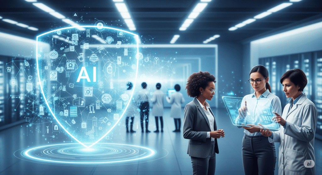 A wide, futuristic image showing professionals collaboratively managing a glowing, transparent shield protecting a complex AI network, symbolizing AI model governance, compliance, and ethical oversight in a data center setting.