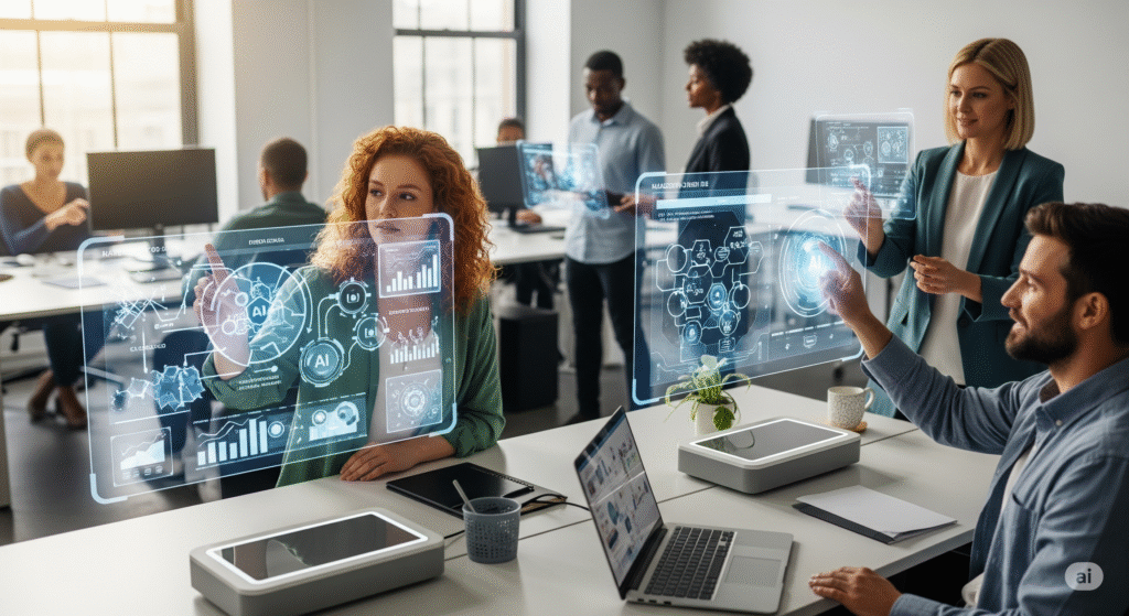 A realistic image of diverse professionals collaboratively interacting with futuristic holographic displays, visualizing data and ethical frameworks, to demonstrate a proactive and integrated approach to AI model governance in a modern office.