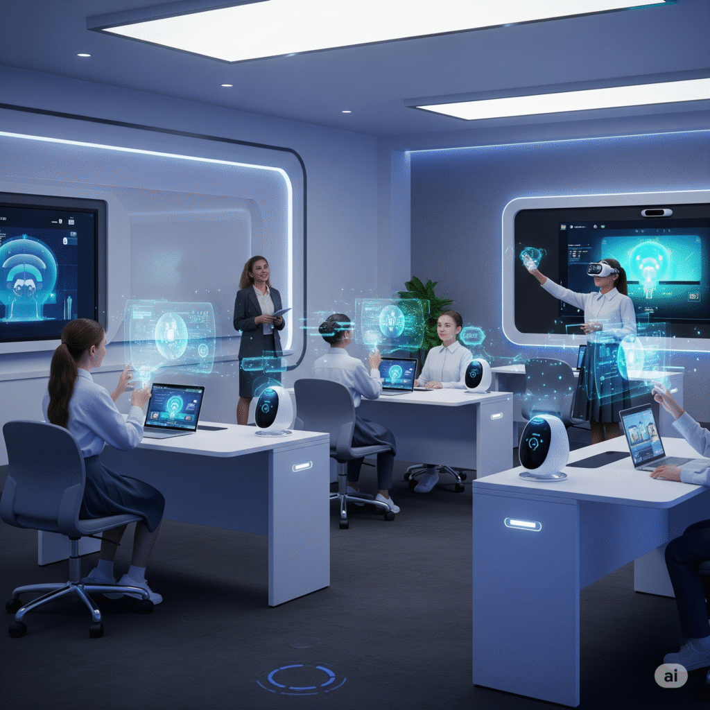A futuristic classroom with students engaging with intelligent tutoring systems and adaptive learning in education through AI Pedagogy and EdTech AI, using laptops, VR headsets, and interactive holograms.