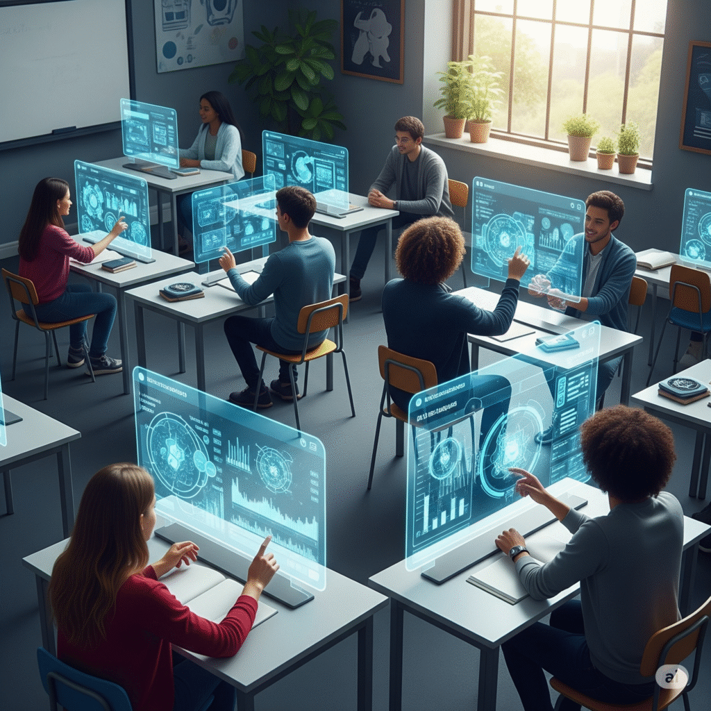 A diverse group of students in a modern, well-lit classroom, each interacting with individual holographic displays that project intricate data visualizations and educational content. The displays show dynamic charts, graphs, and interactive elements, representing personalized learning pathways and AI-driven insights. The students appear engaged and focused, suggesting an intuitive and effective learning experience. The overall scene conveys innovation, technological integration, and a collaborative yet personalized educational environment.