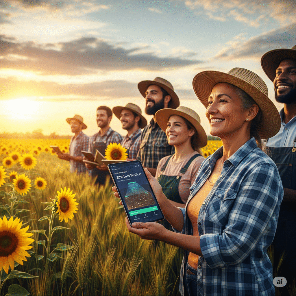 A diverse group of happy farmers in a vibrant field at sunset, with one holding a tablet displaying AI soil analysis data showing a "30% Less Fertilizer Needed" message, signifying successful nutrient optimization and increased yields.