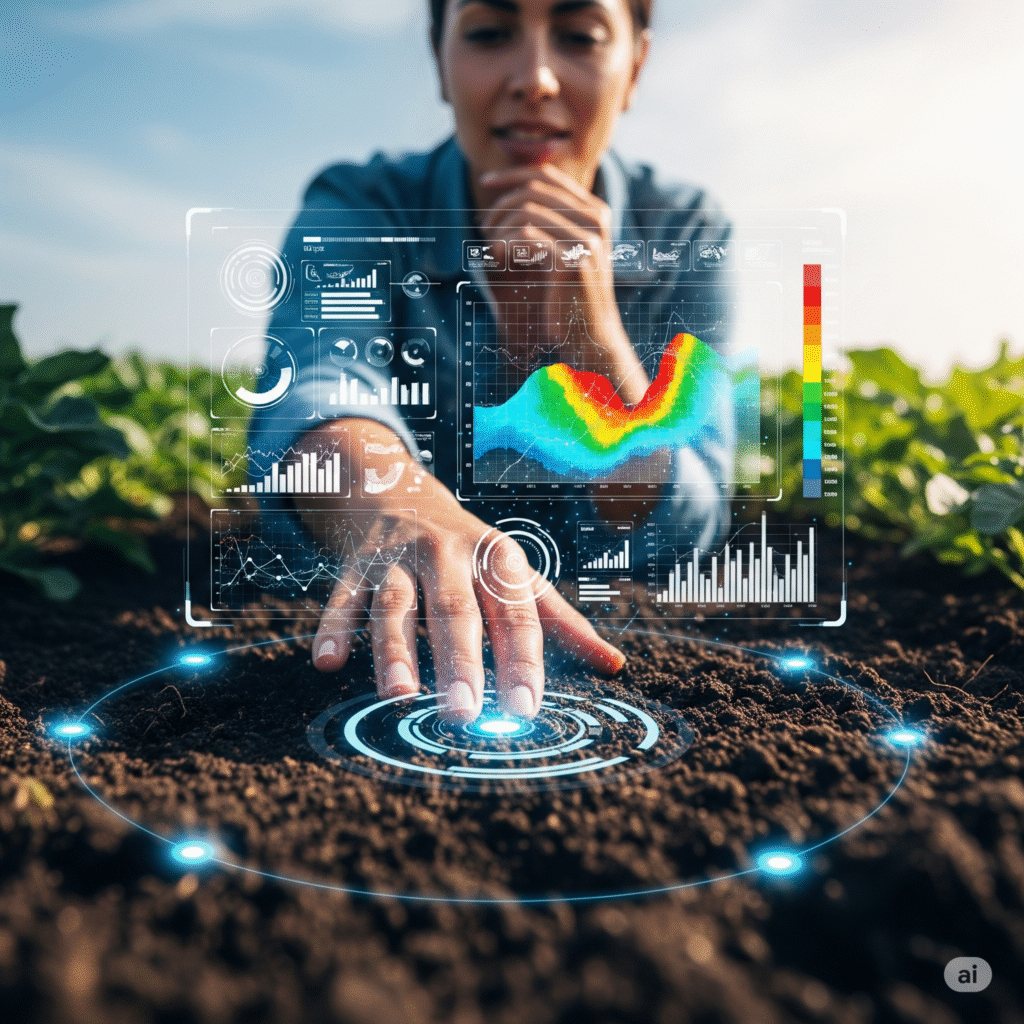 A close-up shot shows a farmer's hand interacting with glowing smart sensors embedded in rich, dark soil. A translucent, holographic display above the soil presents intricate data from AI soil analysis, including graphs and a color-coded map of nutrient optimization levels. In the background, a healthy, lush crop field thrives under a bright sky, emphasizing the precision and data visualization of this agricultural technology.
