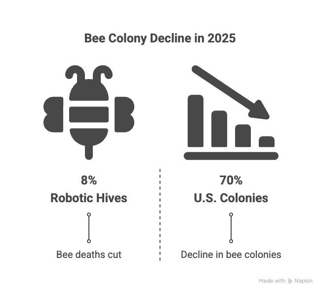 Infographic showing global decline in bee populations including a 70% projected loss of U.S. honey bee colonies by 2025, 35% of world crops relying on bee pollination, 40% of invertebrate pollinators at risk, and improvements from AI-Enhanced Robotic Hives reducing bee deaths to 8% and increasing honey yield by 50%