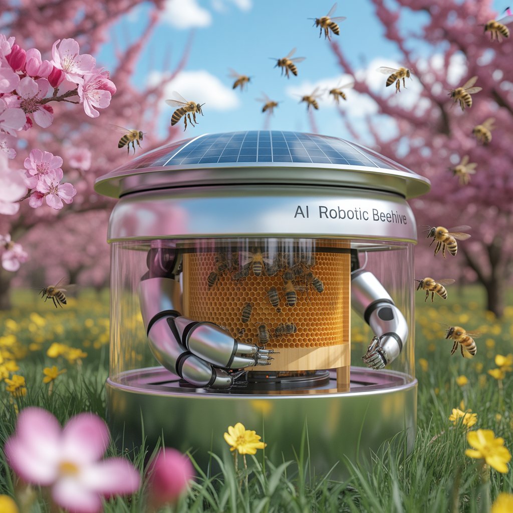 AI-Enhanced Robotic Hives unit equipped with solar panels, robotic arms, and internal cameras monitoring bee colony health in real time