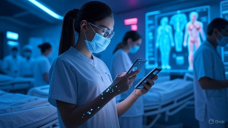 Futuristic cyberpunk image of healthcare professionals in a neon-lit hospital using smartphones and holographic displays with AI edge computing for medical diagnostics