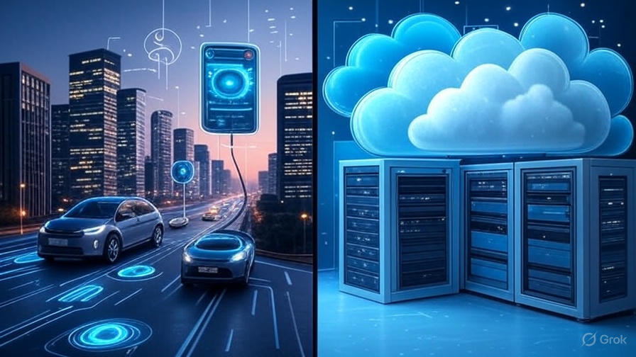 Futuristic cyberpunk image featuring a smartphone with IoT sensors and a cloud diagram, alongside healthcare professionals and a laptop with a cloud icon, set against a neon-lit background