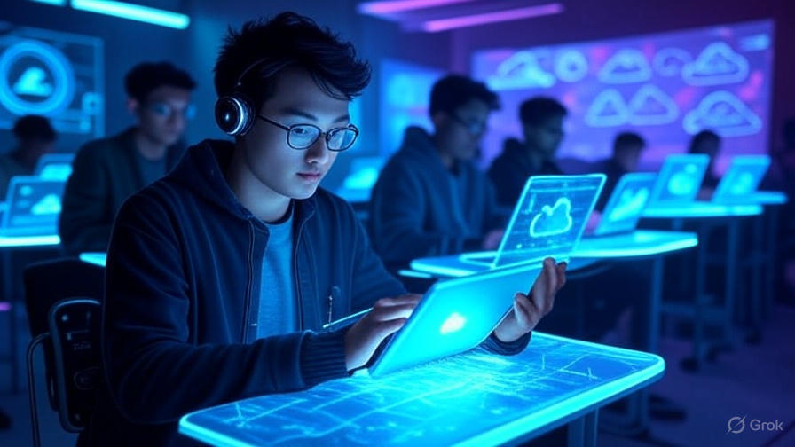 Futuristic cyberpunk image of students in a neon-lit classroom using laptops and smartphones with AI edge computing, featuring interactive holographic cloud diagrams